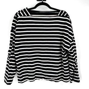 Zara Women's Striped Long Sleeve Boatneck Shirt Black White Top Button Neck Larg
